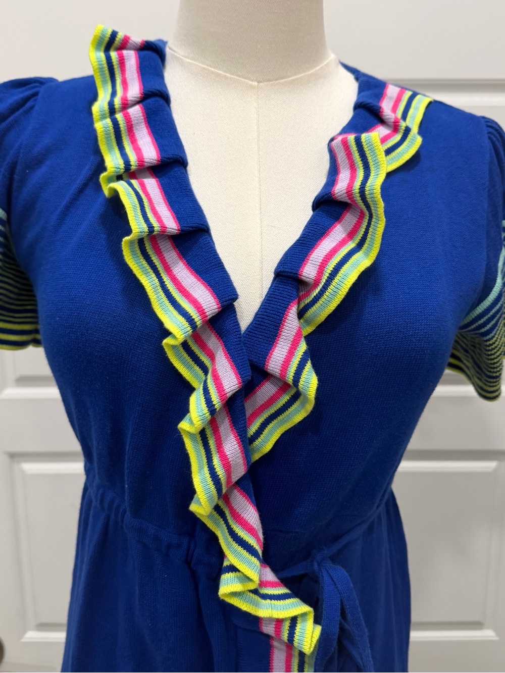 Royal Blue Ruffle-Trim Sweater Knit Wrap Dress with Multicolor Stripes - Picture 2 of 6